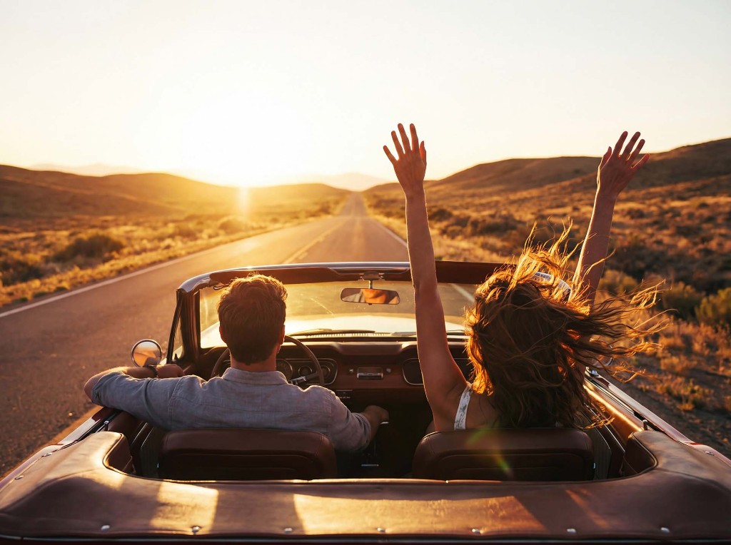 Couple driving a convertible on an open road at sunset
